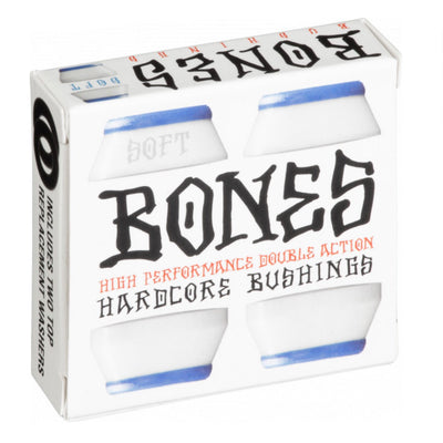 Bones skateboard bushings in various sizes and colors, showing different shapes and firmness levels for skateboard trucks.