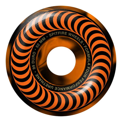 Spitfire Formula Four Classic 99a wheels for skateboards, featuring durable orange urethane wheels with black core design.