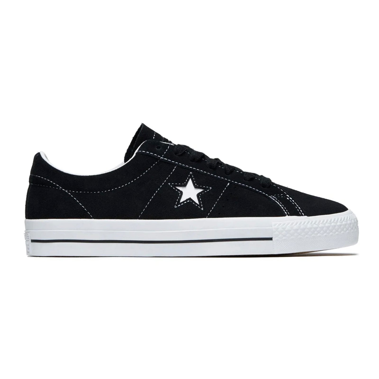 Black and white Converse One Star Pro Ox shoes featuring classic star logo and casual skate-style design.