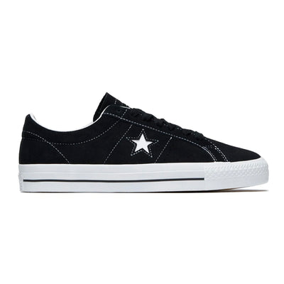 Black and white Converse One Star Pro Ox shoes featuring classic star logo and casual skate-style design.