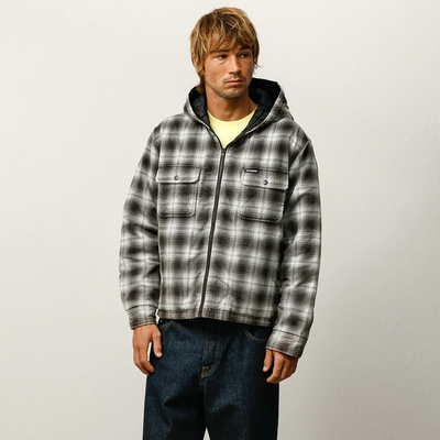 Stussy Zip Hooded Plaid Shirt - Charcoal