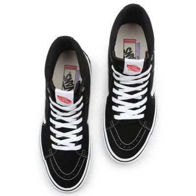 Vans Sk8-Hi skate shoes in black and white with high-top design and classic Vans logo on the side.