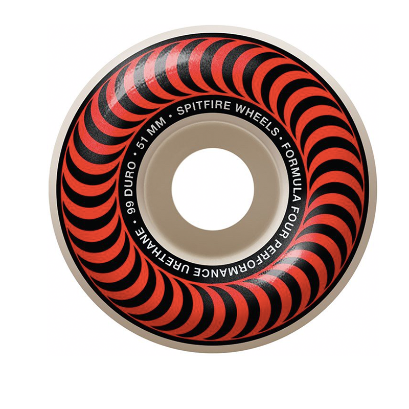 Spitfire Formula Four Classic 99a skateboard wheels in black with white logo, designed for smooth rides and durability.