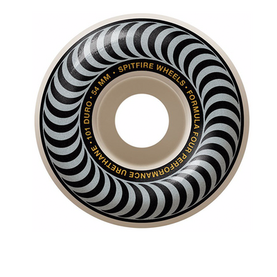 Spitfire Formula Four Classic 99a skateboard wheels, orange and black with bold logo, designed for smooth rides and durability