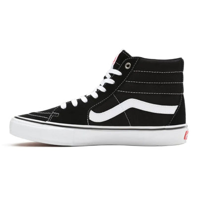 Vans Sk8-Hi skate shoes in black and white with high-top design and classic Vans logo on the side.