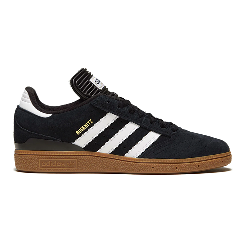 Adidas Busenitz Pro shoes in black with gum soles, featuring a sleek skateboarding design and classic Adidas branding.