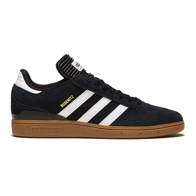 Adidas Busenitz Pro shoes in black with gum soles, featuring a sleek skateboarding design and classic Adidas branding.