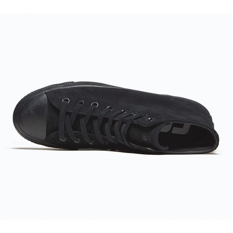 Black Converse Chuck Taylor All Star Suede shoes with black laces and classic low-top design.