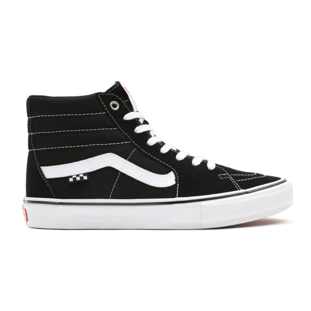Vans Sk8-Hi skate shoes in black and white with high-top design and classic Vans logo on the side.