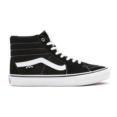 Vans Sk8-Hi skate shoes in black and white with high-top design and classic Vans logo on the side.