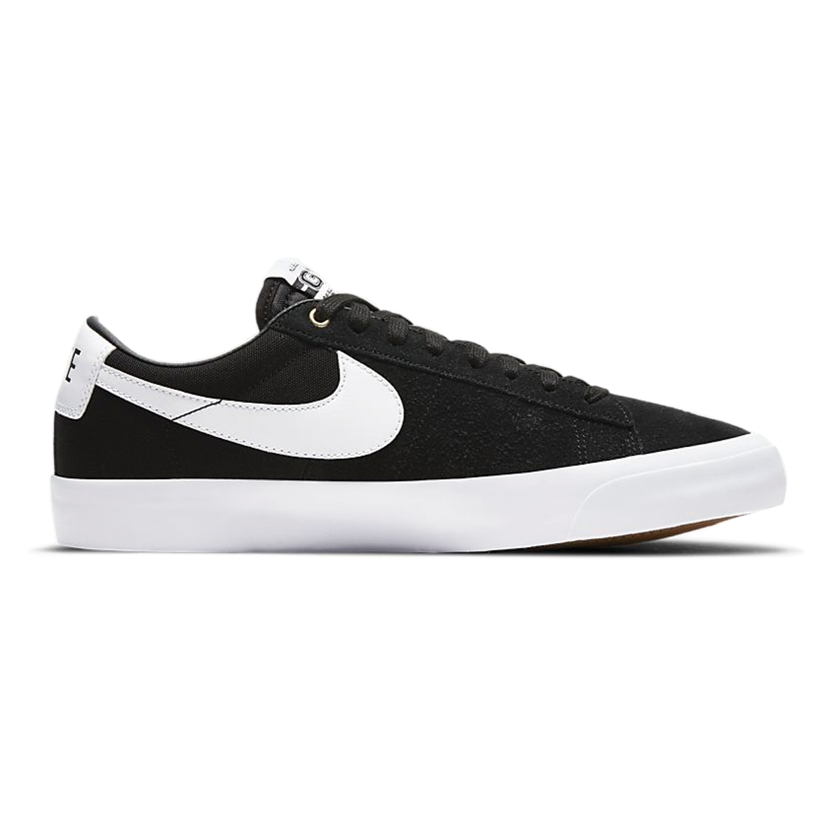 Nike SB Blazer Low Pro GT shoes in black and white, side view showing classic skateboarding sneaker design.