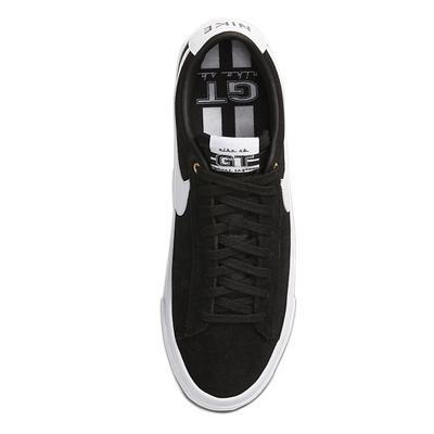 Nike SB Blazer Low Pro GT shoes in black and white, top view showing classic skate sneaker design and color contrast.