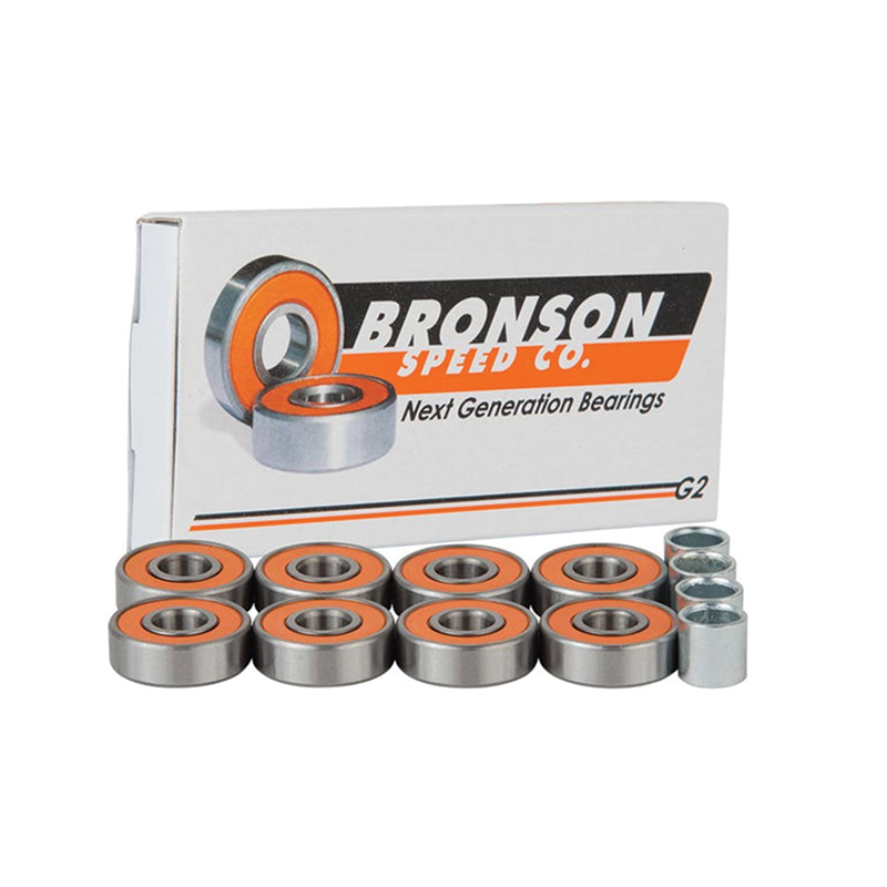 Bronson Speed Co G2 skateboard bearings pack with four metal bearings, designed for smooth rolling and durability in skateboarding.
