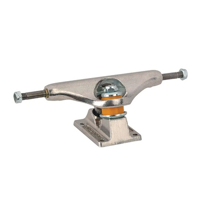 Silver Independent Stage 11 polished skateboard trucks mounted on a deck, showcasing their sleek, durable design and polished finish.