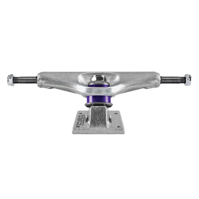 Venture All Polished skateboard trucks with silver finish, mounted on a skateboard deck for smooth riding and control.