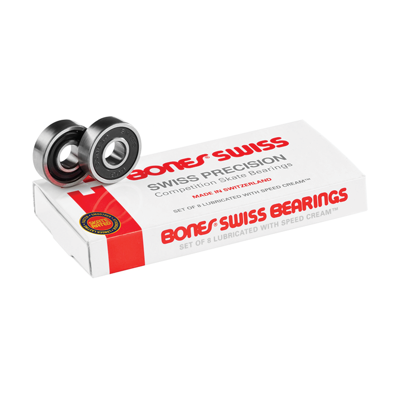 Bones Swiss skateboard bearings, high-quality skate bearings by Bones, with visible metal construction and branding.