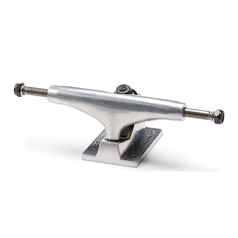 Silver Thunder Polished Trucks for skateboards, showing the sleek, shiny metal trucks with detailed mounting holes and polished finish.