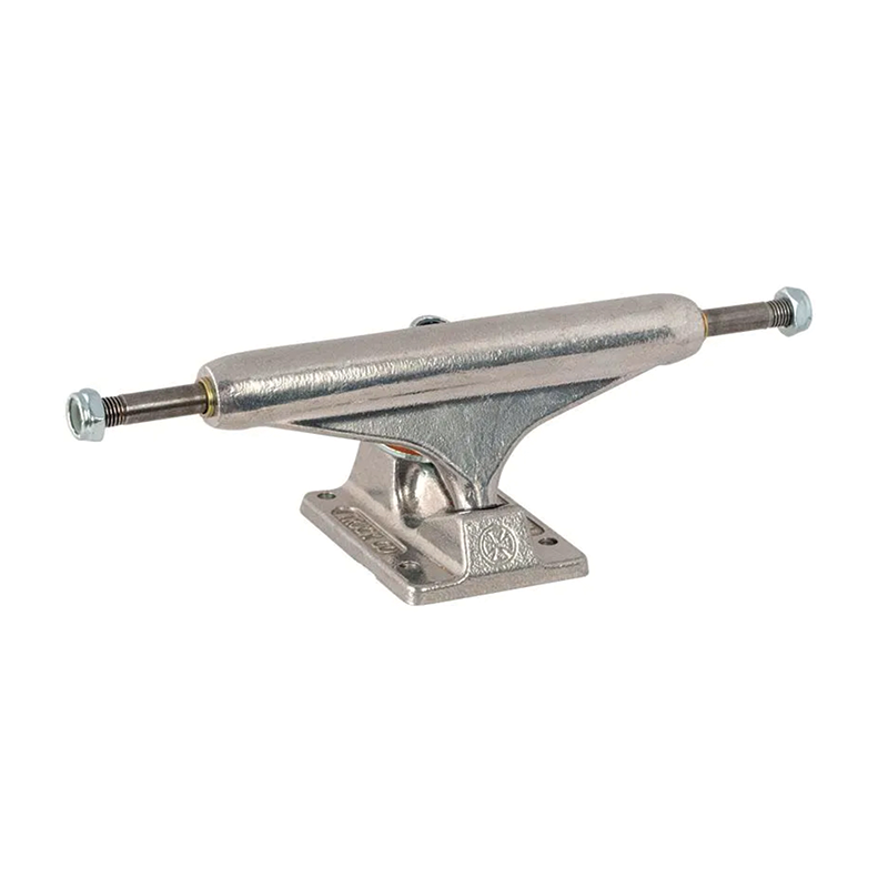 Silver Independent Stage 11 skateboard trucks with polished finish, showcasing the durable metal construction and sleek design.