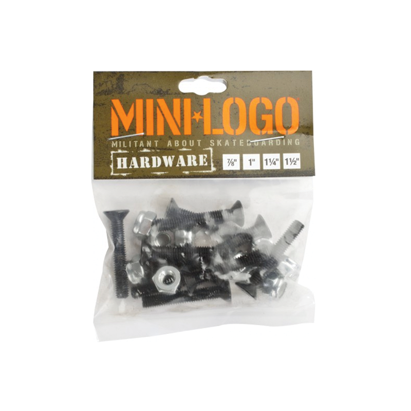 Mini Logo 1-inch skateboard hardware, close-up of durable metal nuts and bolts for securing skateboard trucks.