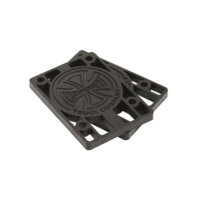 Independent Risers skateboard accessories in various sizes, showing different thicknesses and shapes for skateboard deck protection.