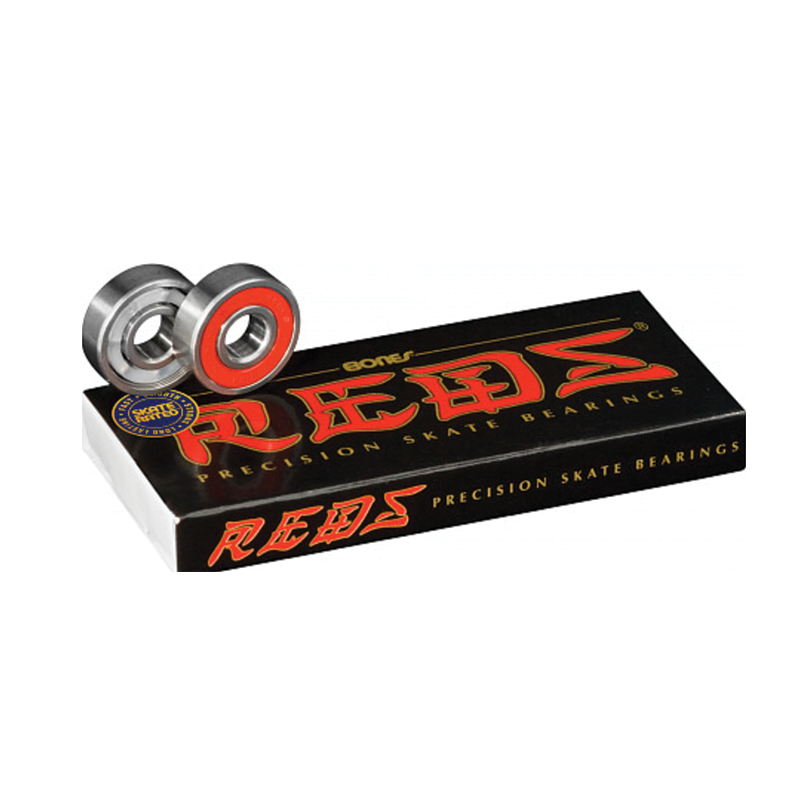 Bones Reds Bearings pack showing a set of durable skateboard bearings with the Bones logo on the packaging.